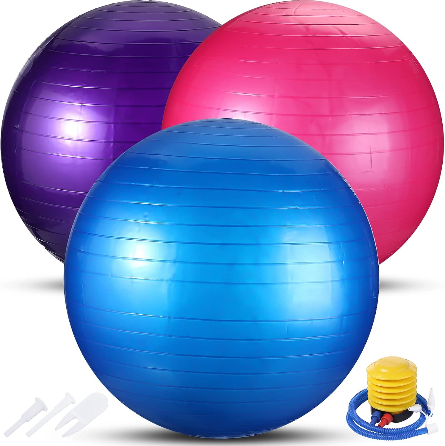 3 Pcs Exercise Ball Inflatable Yoga Ball for Pregnancy Pilates Core Workout Equipment with Pump and Plug for Chair Fitness Stability Balance Birthing Gym Home Office Support 330lbs