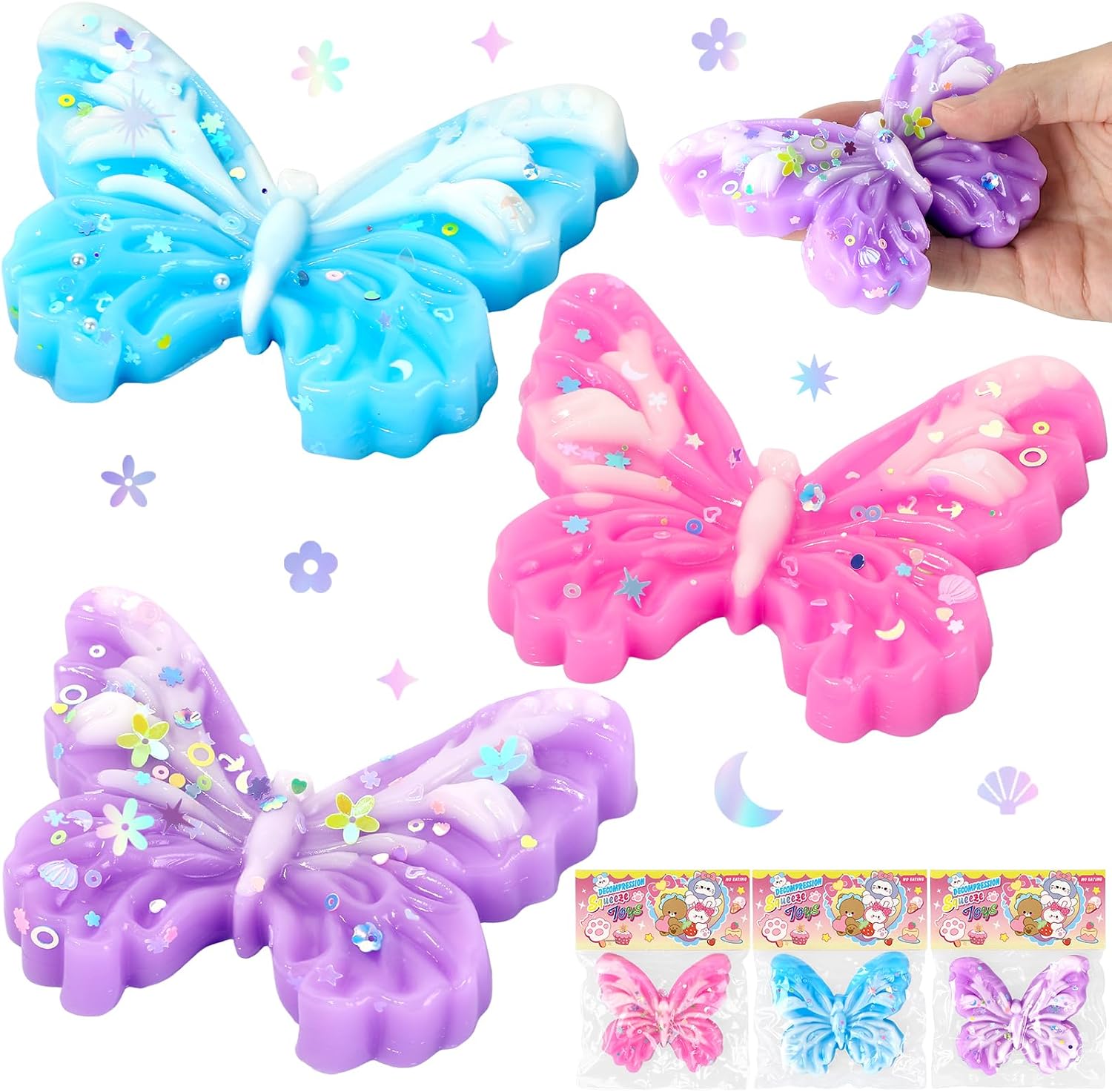 3Pack Glitter Butterfly Squishy Toy Kawaii Butterfly Fidget Sensory Toys Decompression Venting Toy Stress Relief Squishies Silicone Squeeze Gifts for Adult Birthday Party Favors Anxiety Relaxing