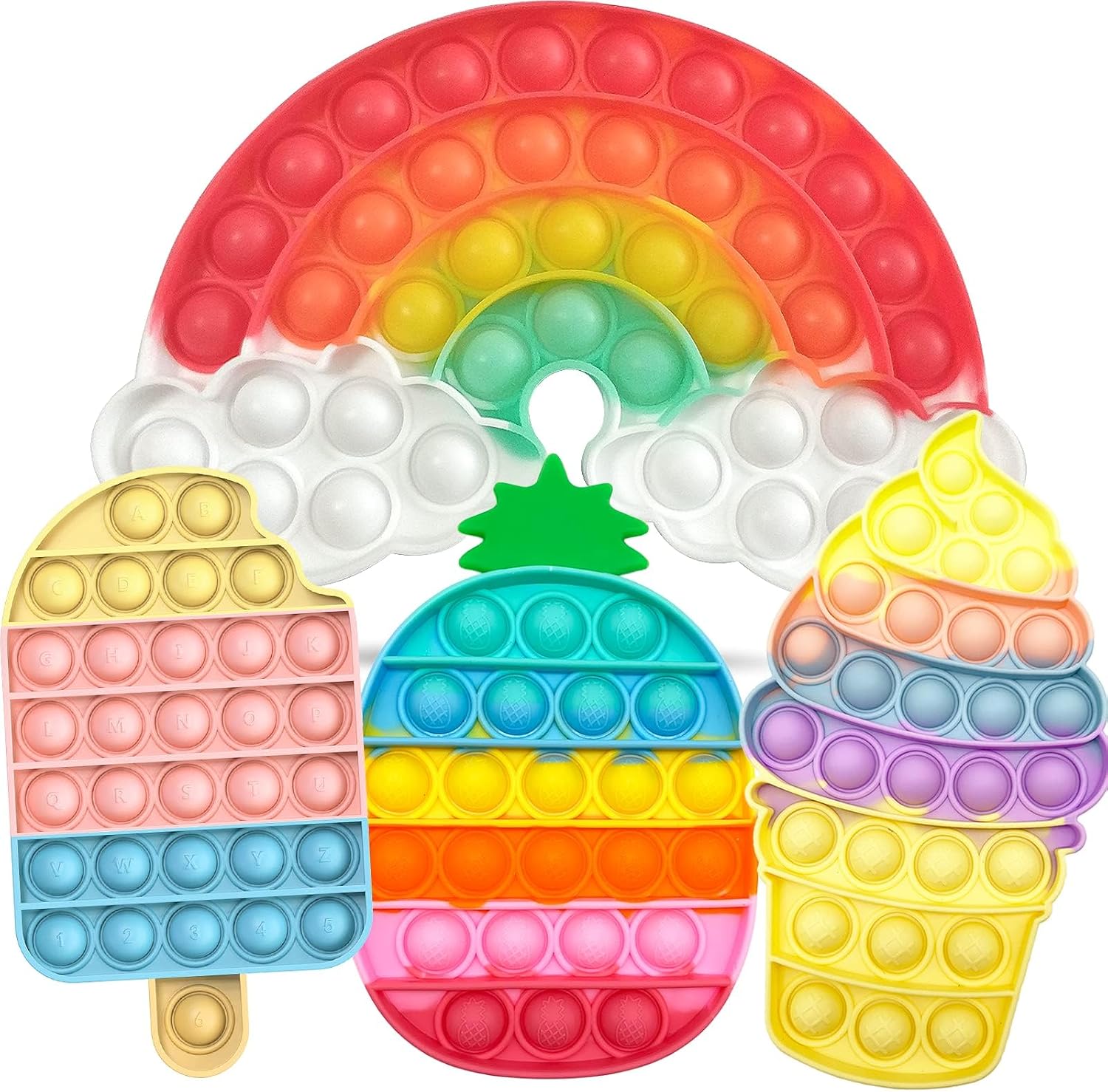 4 Pcs Fidget Toys, Rainbow Push Bubble Fidget Toys Ice Cream Pineapple Toy