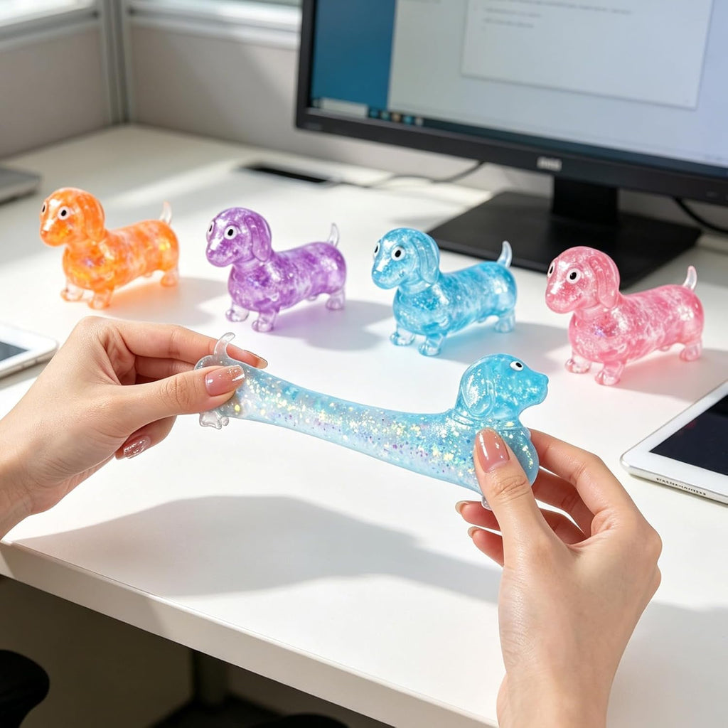 2Pcs Dachshund Squishy, Squishy Weiner Dog, Sparkly Gel Rainbow Sausage Dog Stretch Ball, Dachshund Squishy Stress Ball for Adults (Pink+Blue)