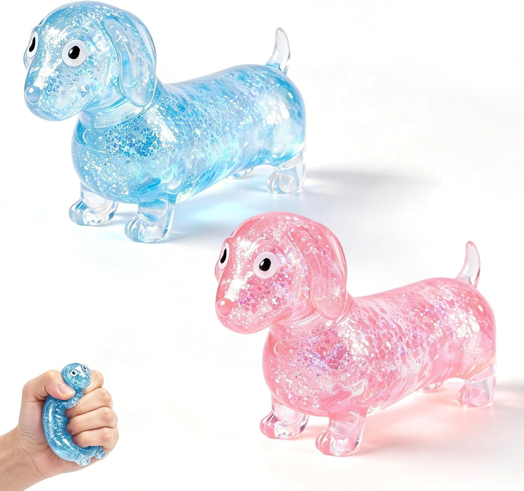 2Pcs Dachshund Squishy, Squishy Weiner Dog, Sparkly Gel Rainbow Sausage Dog Stretch Ball, Dachshund Squishy Stress Ball for Adults (Pink+Blue)