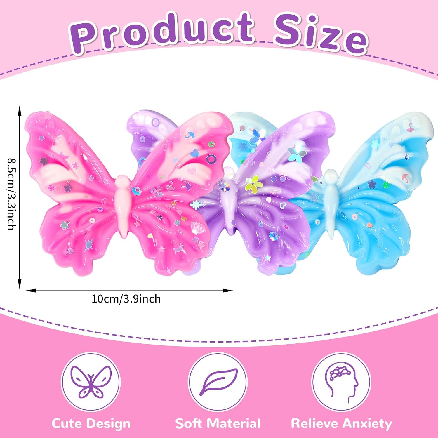 3Pack Glitter Butterfly Squishy Toy Kawaii Butterfly Fidget Sensory Toys Decompression Venting Toy Stress Relief Squishies Silicone Squeeze Gifts for Adult Birthday Party Favors Anxiety Relaxing